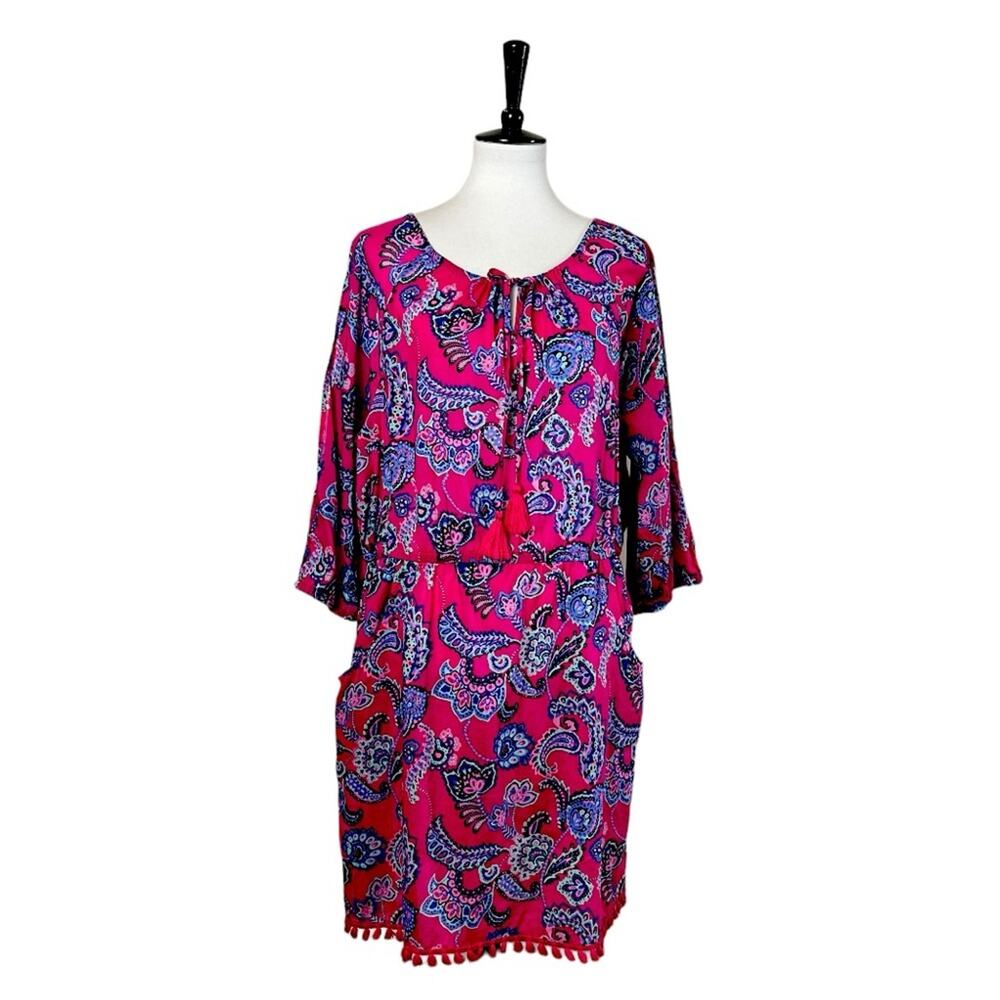 Talbots Swim Coverup Blouson Tie Neck Long Sleeve Pink Paisley Womenโs Size XL